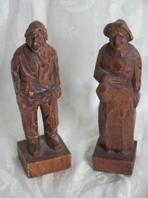 Vtg Hand Carved Wooden Man Woman Husband Wife Signed Morissette French Canadian