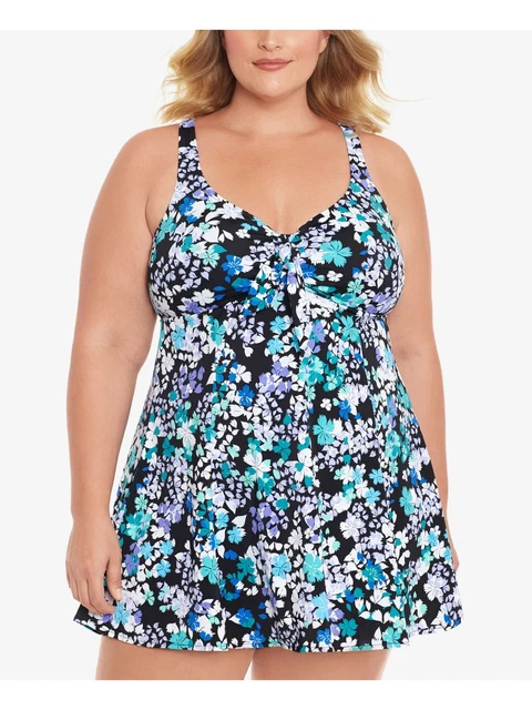 Swim Solution Women's Black Blue Floral Stretch V Neck Swim Dress Top Sz 18 W