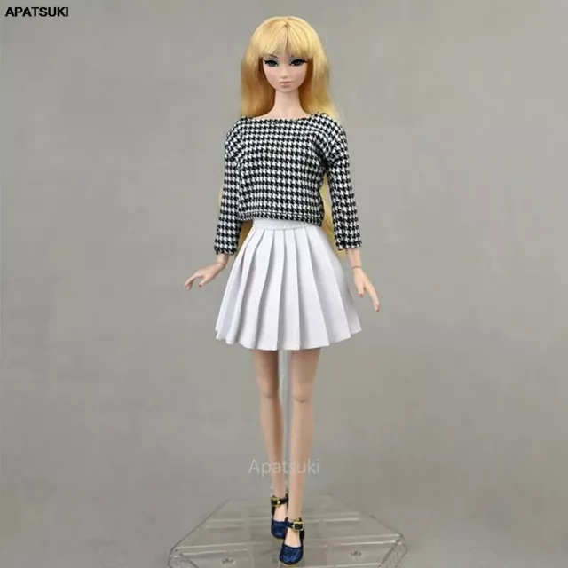 Mode Kleidung für Barbie Puppe Outfits Hahnentritt Shirt Top Weiß Falten Röcke