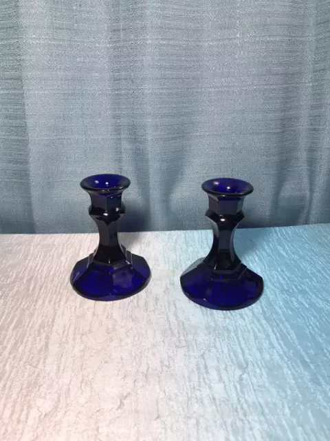 Vintage Cobalt Blue Glass Candlestick Holders 4" Tall Set of 2 MCM