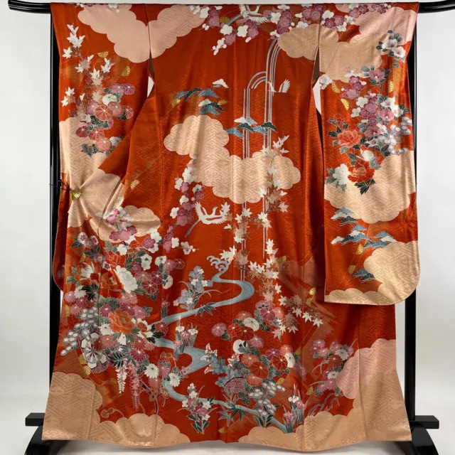 Japanese Silk Kimono Vintage Furisode Gold Gorgeous Red Embroidery Flower 64in