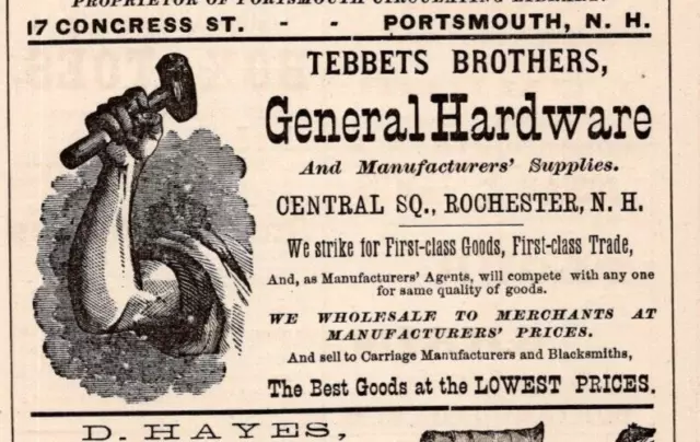 1881 Tebbets Brothers General Hardware Wholesale ROCHESTER NH 2.5" Print Ad