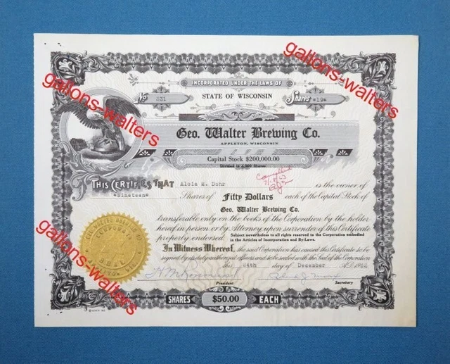 GEO WALTER STOCK CERTIFICATE - Appleton, WI