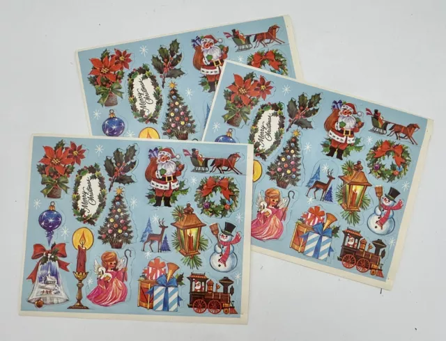 Vintage 1970s Christmas Seals Stickers 3 Sheets Unused Santa Snowman Crafting #A