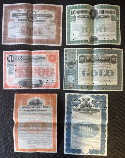 Lot Of 6 Vintage  Early 1900'S Railroad Stock & Bond Certificates