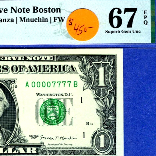 # 00007777 Fancy BINARY QUAD serial number $1 PMG 67 EPQ series 2017 / non star