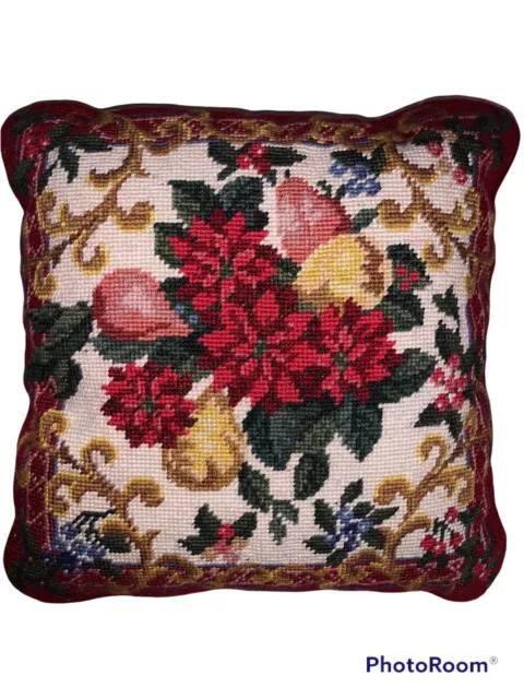 Burgundy Velvet Pillow with Poinsettas 13x 13 inches