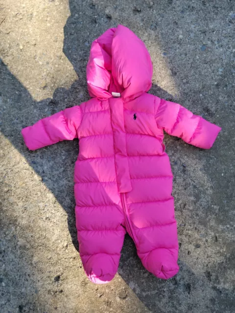 Polo Ralph Lauren Pink Hooded Down Baby Bunting Size 3M Snowsuit Coat Puffer