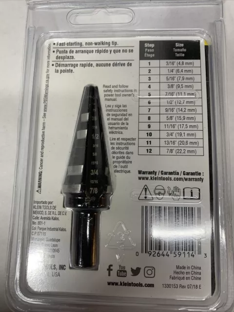 NEW Klein Tools KTSB14 3/16" -7/8" Step Drill Bit (3/8") 2