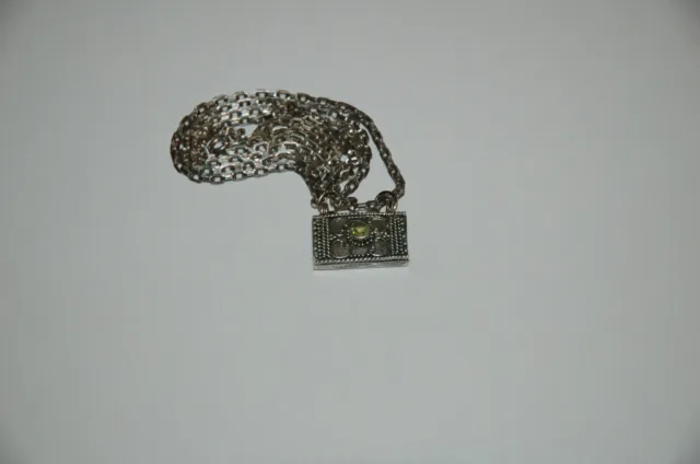 Sterling Silver Elongated Box Chain 24" w/ Sterling Ornate Pendant / Gem Stone