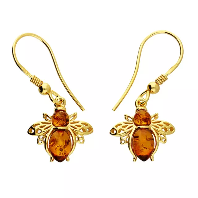 9ct Yellow Gold on Silver Amber Bumblebee Dropper Hook Earrings