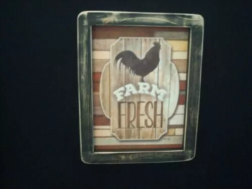 Prim Country Print *FARM FRESH with ROOSTER* black hand made frame 7" x 8 1/2"