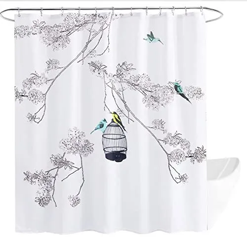 Get Orange Bird Shower Curtain Bird Branch Tree Vintage Flower Bird Cage Poly...