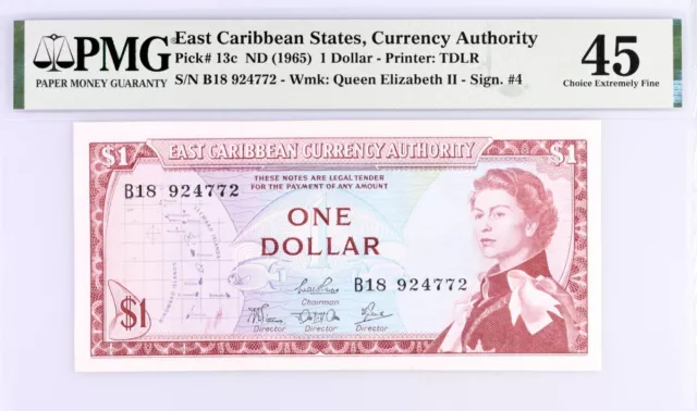 East Caribbean States $1 Pick# 13c ND(1965) PMG 45 Extremely Fine Banknote