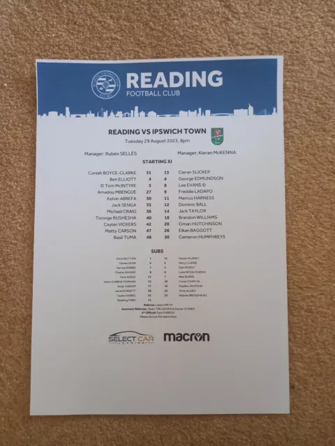 Reading V Ipswich Town Carabao League Cup 2023 Teamsheet No Programme Issued
