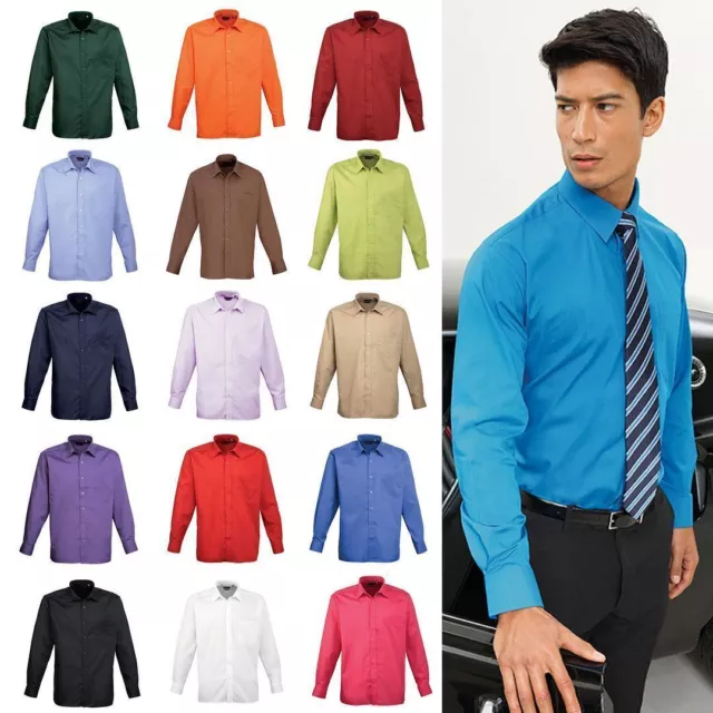 Mens Long Sleeve Premier Poplin Shirt Plain Classic Stylish Pocket All Sizes