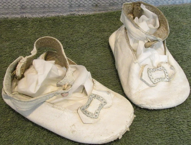 Antique Toddler's Soft Leather White Button Strap Shoes~Silver Buckle~Show Wear Antique Toddler's Soft Leather White Button Strap Shoes~Silver Buckle~Show Wear