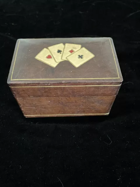 Vintage Antique Playing Cards Leather Covered Wood Storage Case Box W/Cards