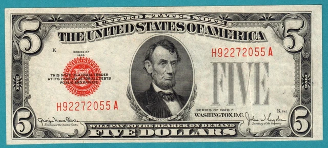 1928 F $5.00 Five Dollar Red Seal United States Note with Free S&H
