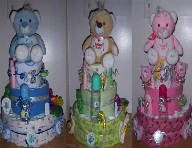 Baby Shower 3 Tier Bear Diaper Cake, Receiving Blankets, Bib, Bottle, Pacifier