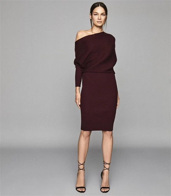 REISS BURGUNDY LARA Off The Shoulder Knitted Dress Size UK S SMALL 185.00 85.00 PicClick UK