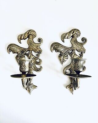Vintage Set of 2 Beautiful Ornate Brass Wall Mount Candle Holders 10H x 6”W