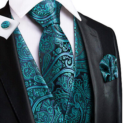 Black Gold Men's Paisley Dress Vest Necktie Hanky Set For Suit Formal Waistcoat