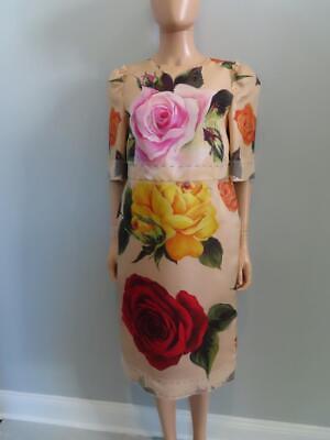 DOLCE & GABBANA Peach/Multicolor Rose Print Silk Chiffon Dress 