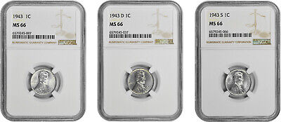 1943 P D S 1c Lincoln Steel Wheat Cent NGC MS 66 Three Coin Lot