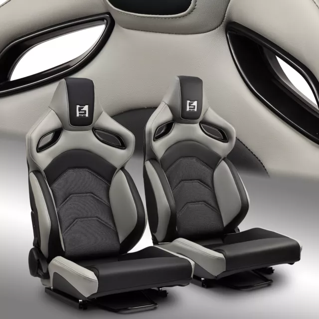 Reclinable PVC Racing Seats Universal Car Seat Black-Grey Full Set w/Sliders