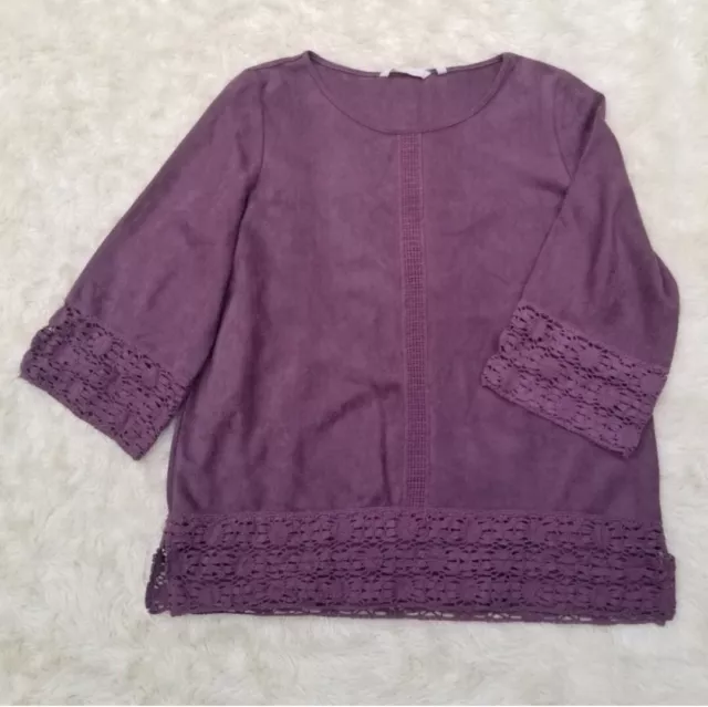 Soft Surroundings Susina shirt plum purple faux suede M lace trim 2