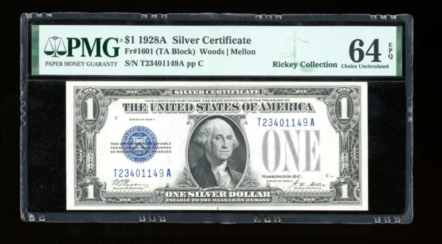 DBR 1928-A $1 Silver Funnyback Fr. 1601 TA Block PMG 64 EPQ Serial T23401149A