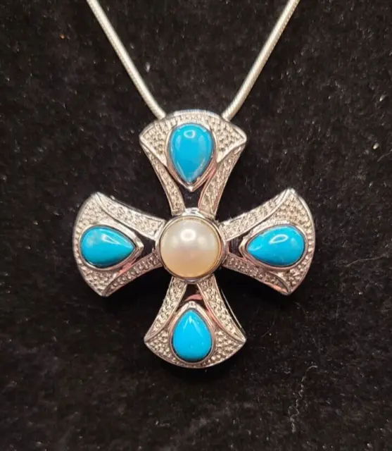 Affinity EA Signed Turquoise Pearl Maltese Cross 925 Sterling Pendant