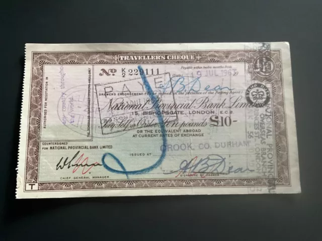 National Provincial Bank Travellers Cheque 10/7/63 £10 issued Crook K/2 229111