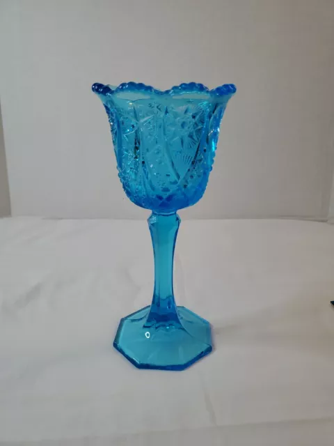 Vintage KEMPLE GLASS Aqua Blue 9 1/2 Inch Yutec HOBSTAR And FAN Chalice Goblet