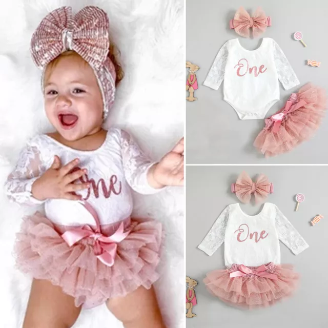 Infant Baby Girl 1st Birthday Outfit Lace Romper Jumpsuit Cake Tutu Skirts