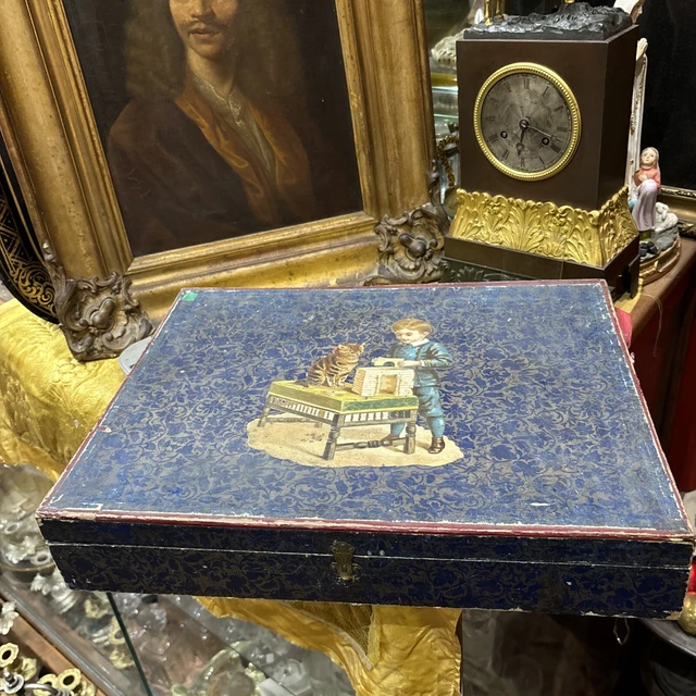 Ancienne Boîte à Jeux De Cartes – Cuir Et Bois – Bon état