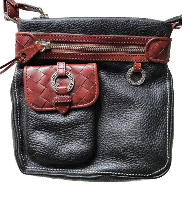 New Brighton Small Black Leather Brown Trim Crossbody Shoulder Bag Purse NWOT