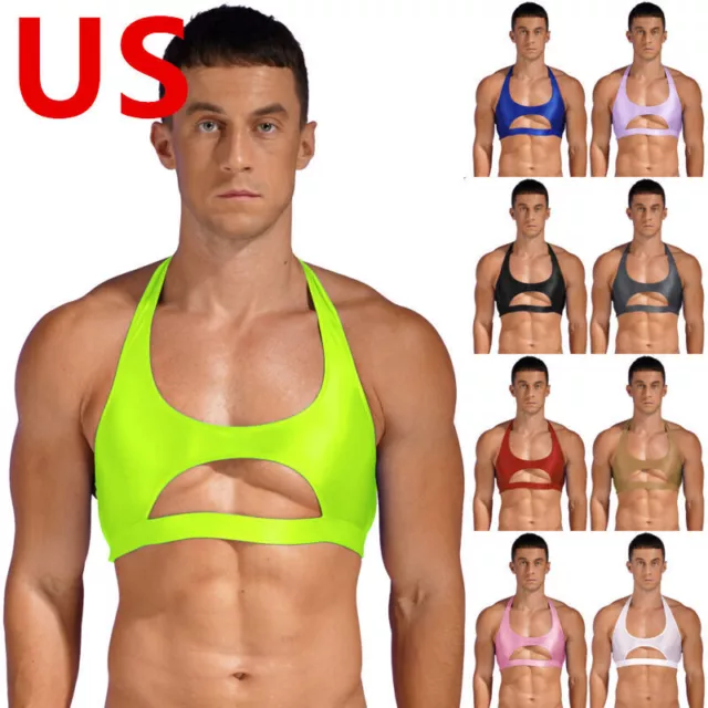 US Men T-shirt Sports Bra Crop Tank Top Vest Y-Back Fitness Muscle Clubwear Tee