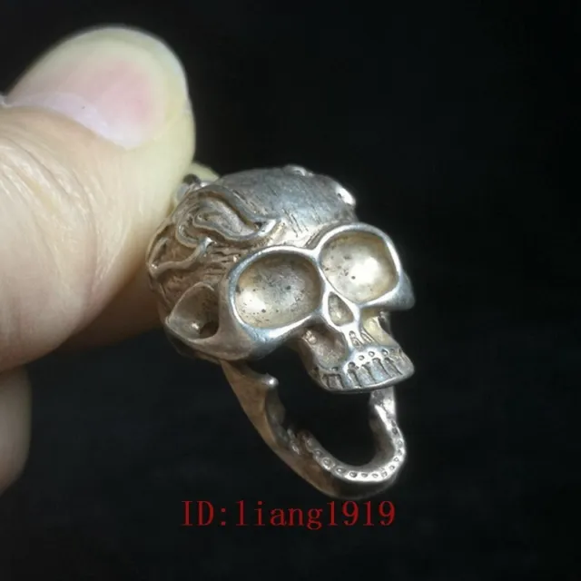 Chinese Tibet Silver Handmade exorcism skull Statue necklace Pendant Amulet Gift