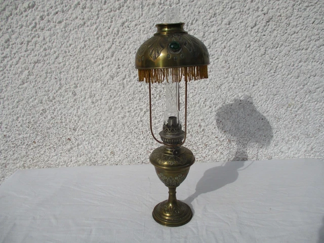 ANCIENNE LAMPE PARISIENNE LAMPE A PETROLE LAITON CABOCHONS VERRE ART Deco D Imgx300 9182