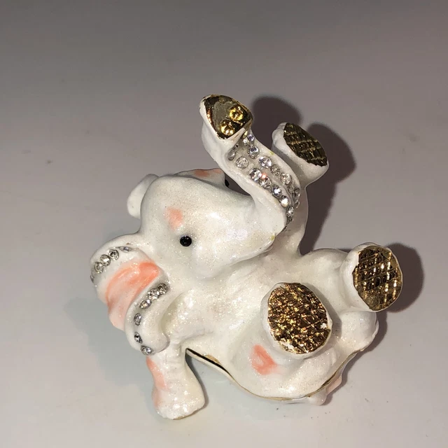 trinket box metal enamel bejeweled white elephant on back
