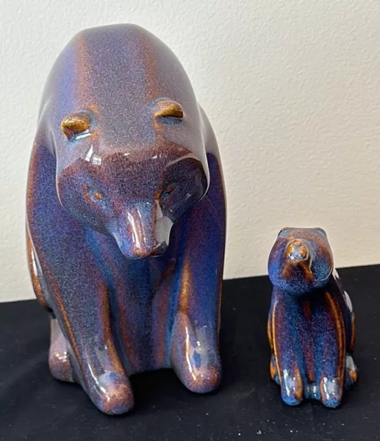 Mid Century Modern Ceramic Bear Scandinavian Purple Brown Glaze, Mom And Cub