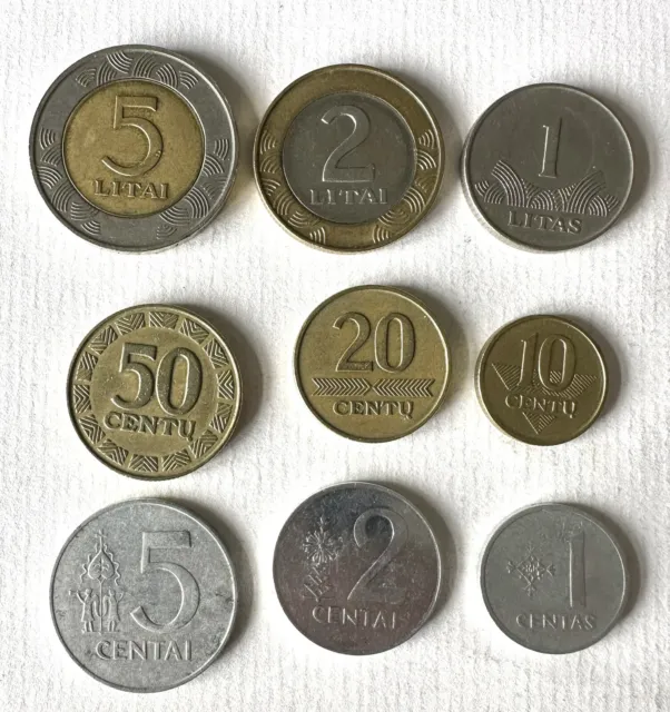 9 Lithuanian Coins (1991-1999) 1 / 2 / 5 Litai & 1 / 2 / 5 / 10 / 20 / 50 Centu