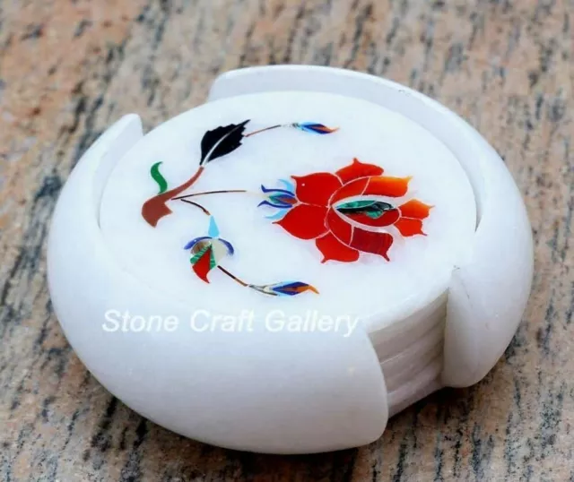 Marble Coaster set semi precious stones Work Inlay art Handmade home decor