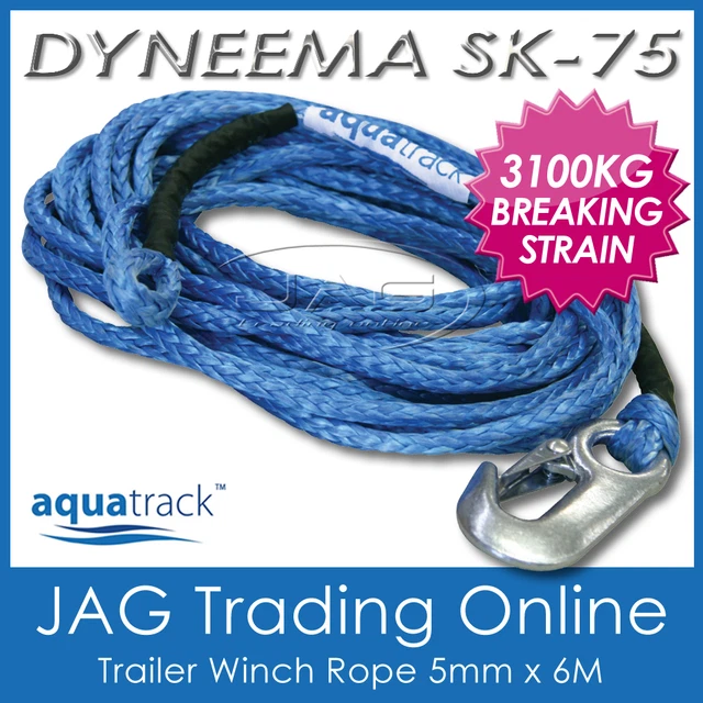 DYNEEMA 6M x 5mm H/DUTY BOAT TRAILER WINCH ROPE & SNAP HOOK - SK-75 UHMPE 3100kg