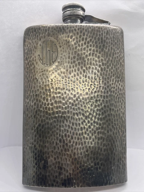 ANTIQUE HAMMERED SILVER PLATE FLASK - MERIDEN B Co 1321 w/ MONOGRAM LARGE 8 1/4"