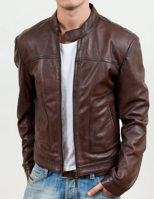 Vintage da Uomo Stile Biker Marrone Moto Cafe Racer Affliggere Pelle Giacca