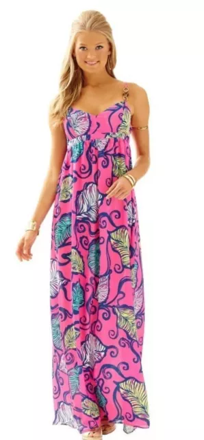 Neu Lilly Pulitzer Joanna Maxi Kleid Tropisch Pink Blätter IN Der Breeze Größe 0