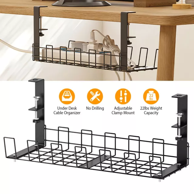 (BLACK) NO DRILL Under Desk Cable Management Tray Cord Organizer Clamp ...